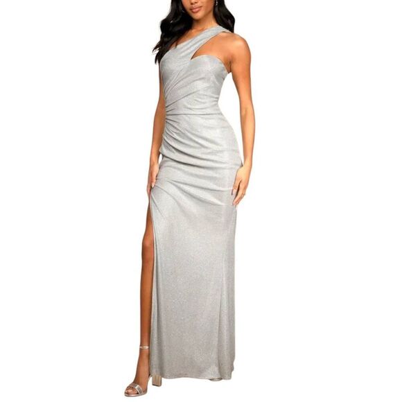 Sparkle Silver Glitter One-Shoulder Shiny Lurex High Slit Gown Long Maxi Dress - Picture 14 of 15